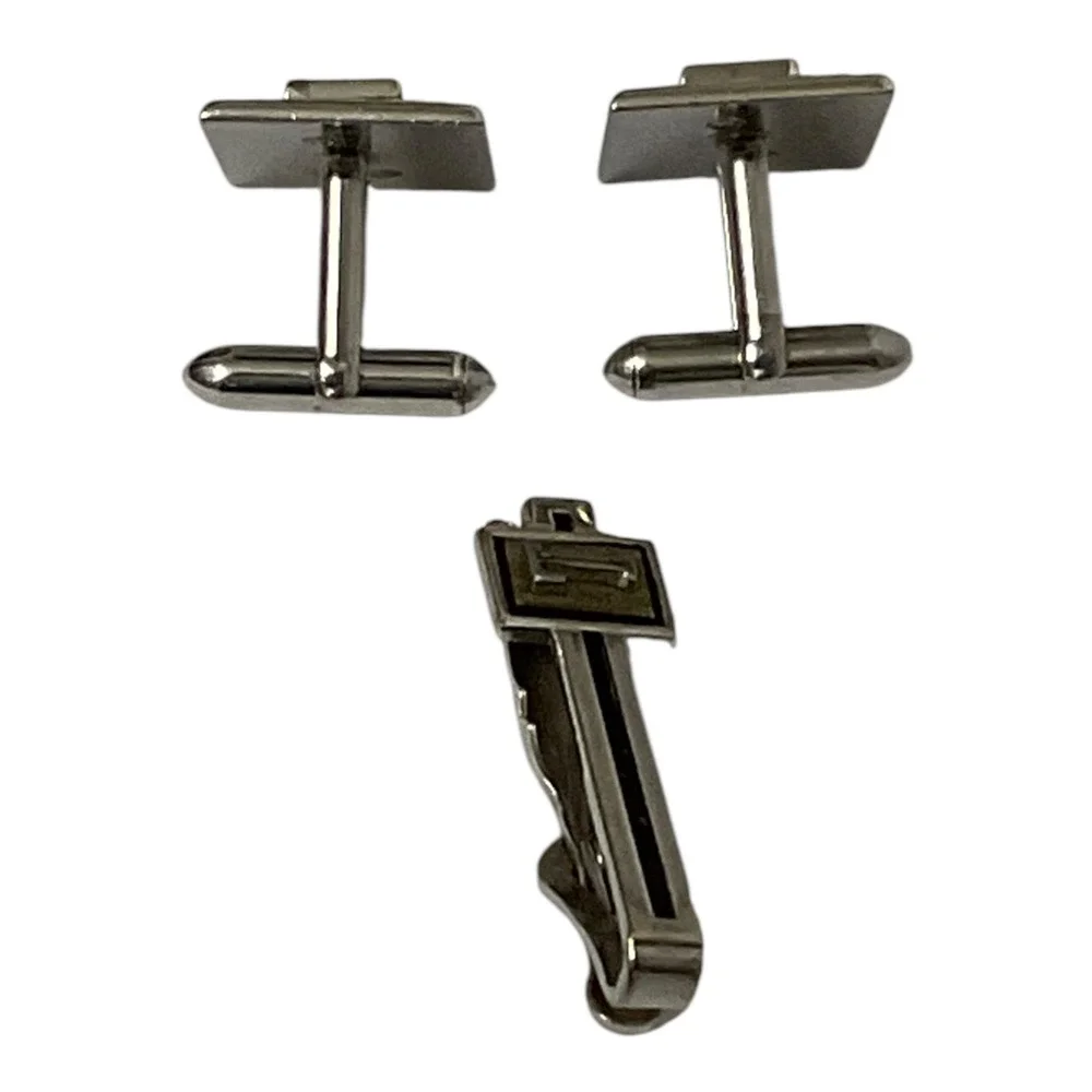 Vintage Swank Initial T Men's Cufflinks Tie Clip Set Silver Tone Black Enamel